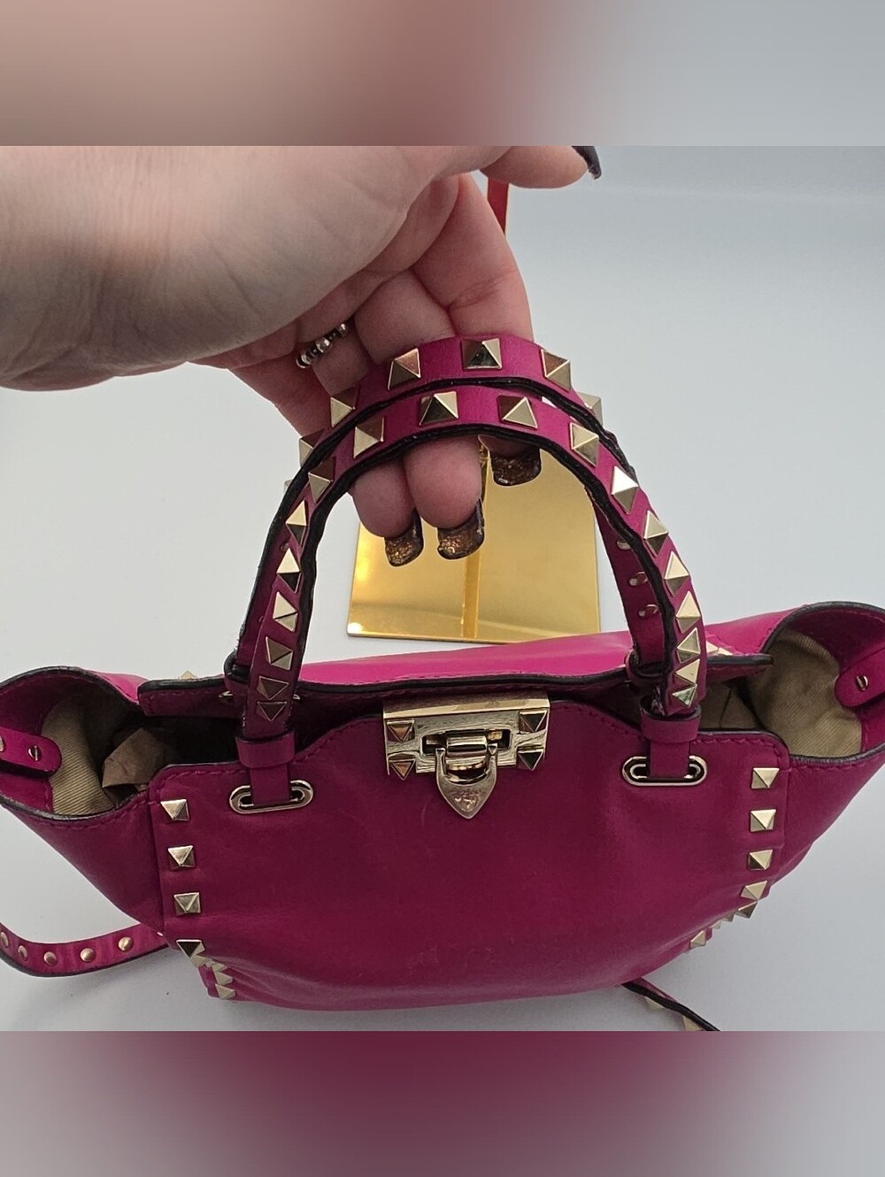Valentino Garavani Fushia Rock Stud 2-Way Small Tote Gold Hardware (EUC)COA💖 - Picture 3 of 11